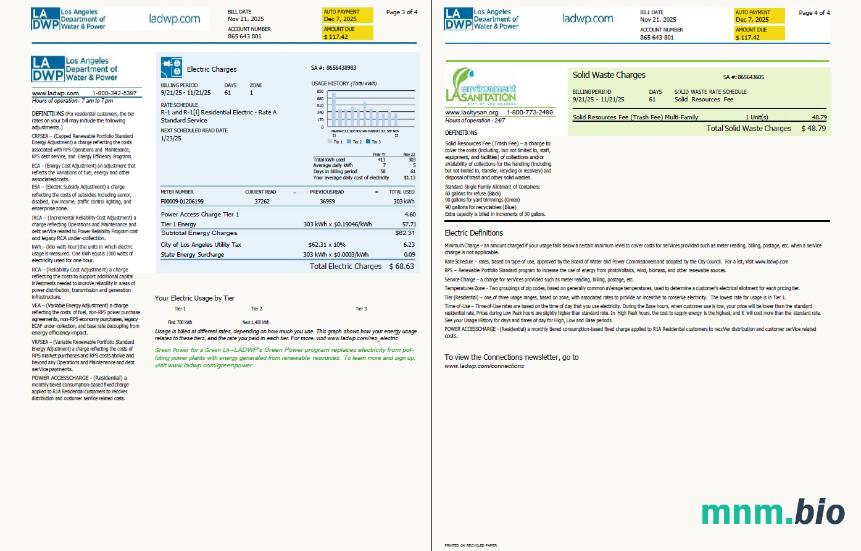 Szablon rachunku za media USA LA DWP w formatach Word i PDF, 4 strony, Wersja 2, 3-4 strony